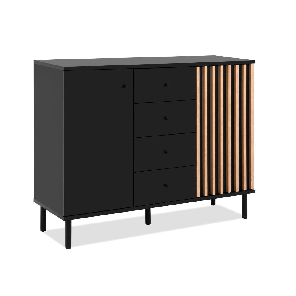 Madia moderna 2 ante e 4 cassetti nero con listelli rovere Monza01B 118x40x90H