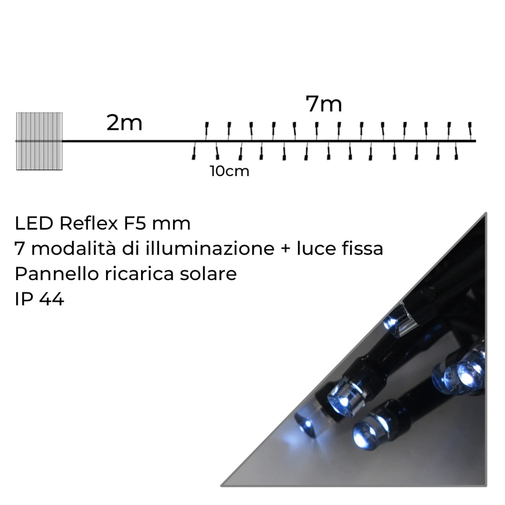CATENA LUMINOSA LED SOLARE 7 METRI CON 100 LUCI BIANCHE - IDEALE PER DECORAZIONI NATALIZIE DI ALBERI GIARDINI E PIANTE