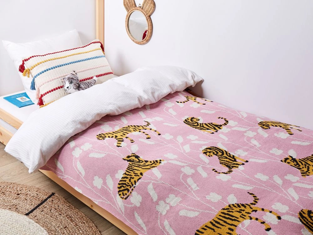 Coperta per bambini Cotone rosa 130 x 180 cm Lancio per il letto Accogliente motivo tigrato Camera da letto Camera dei bambini Design moderno