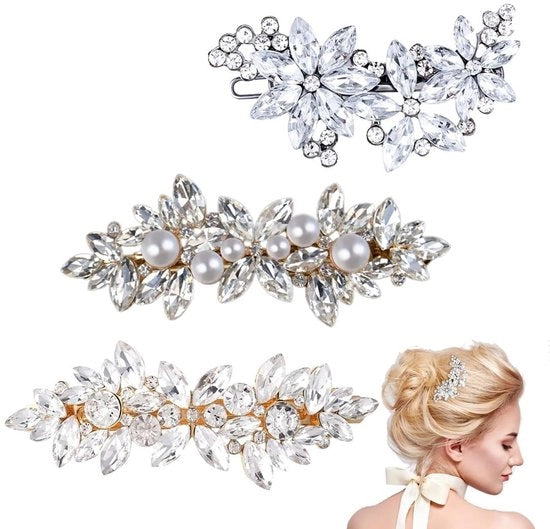 Accessori per capelli per la sposa 3 pezzi - Clip per capelli con strass e perle di cristallo - Accessori per capelli sicuri per la sposa