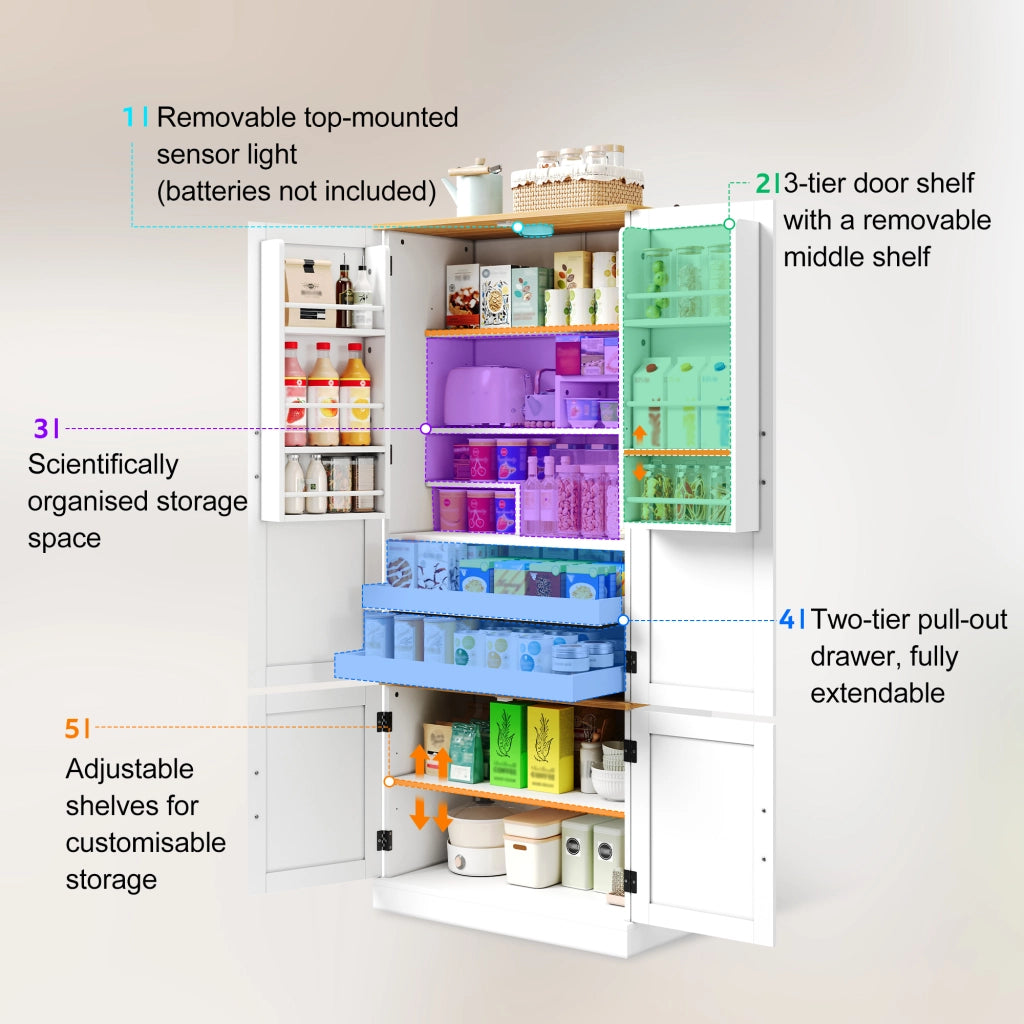 Mobile da cucina, mobile porta snack, ripiani regolabili, 2 cassetti, bianco