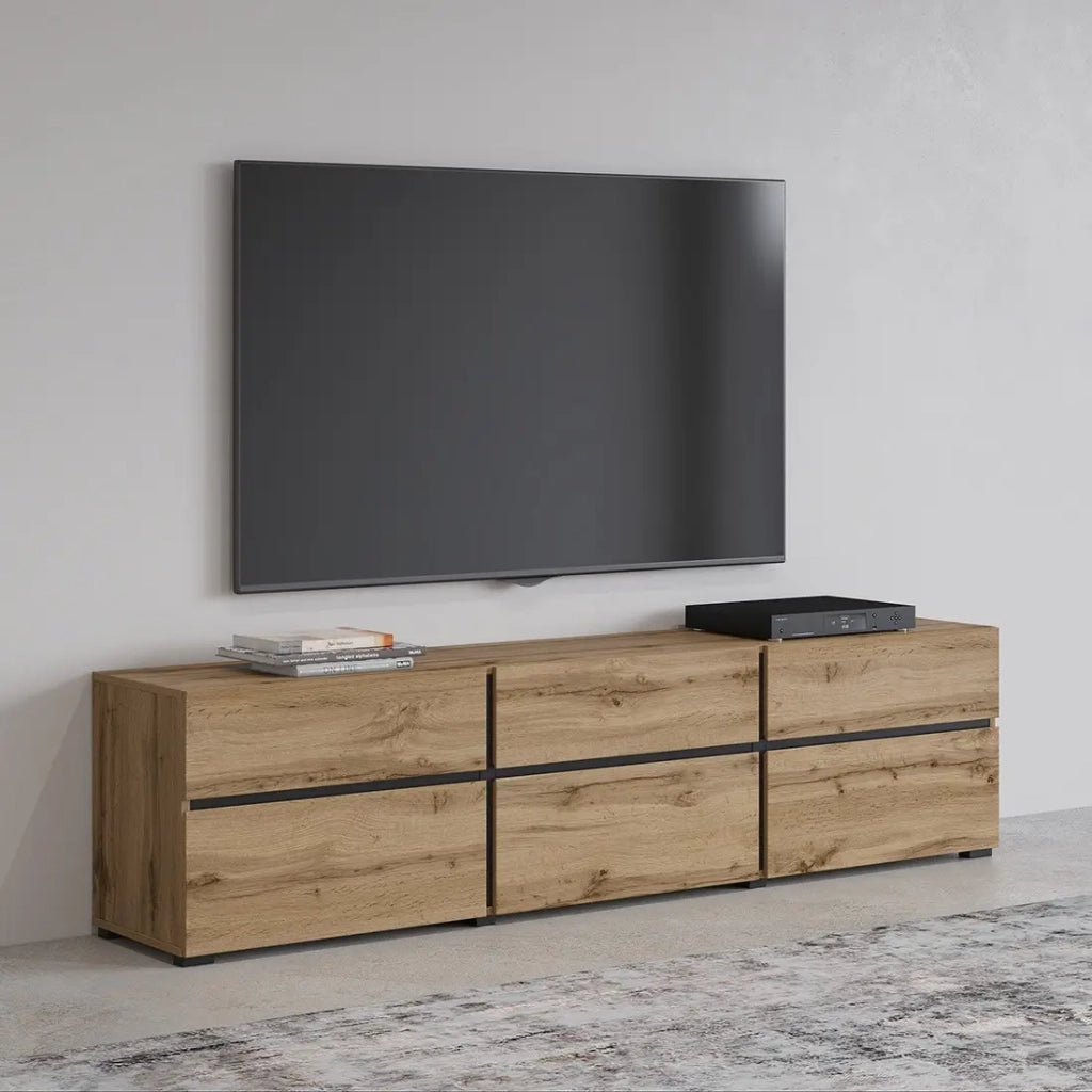 Mobile TV 180cm color rovere e nero collezione HAVANA. Mobile design con 3 porte e 3 cassetti.