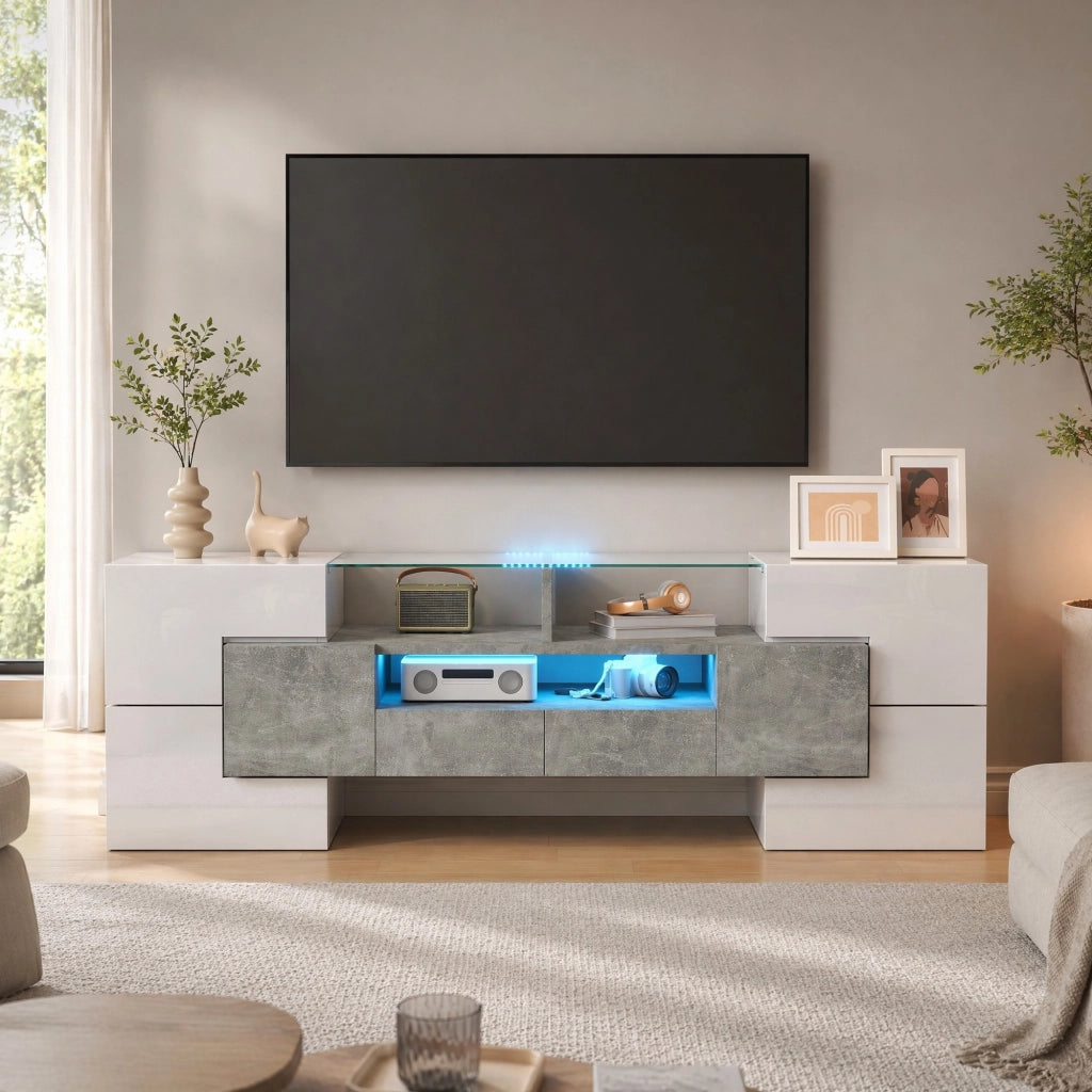 Mobile TV 145x30x51 cm con LED multicolore; 6 ante e 2 cassetti; bianco