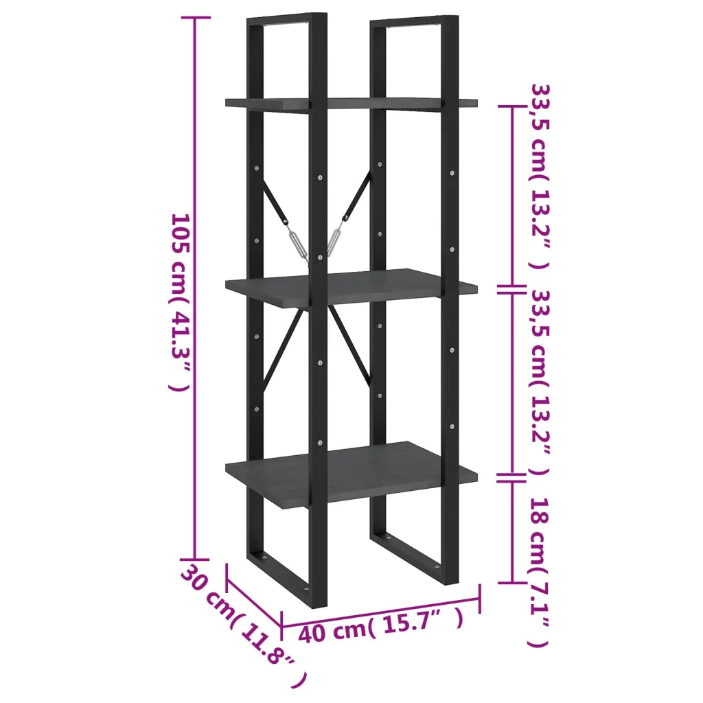 Libreria a 3 Ripiani-Scaffale per Libri-Mobile di Stoccaggio Grigia 40x30x105 cm in Massello di Pino