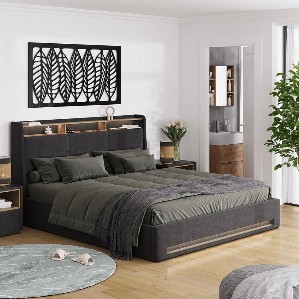 Letto imbottito Christin, Antracite/quercia, 180x200 con LED e porta USB