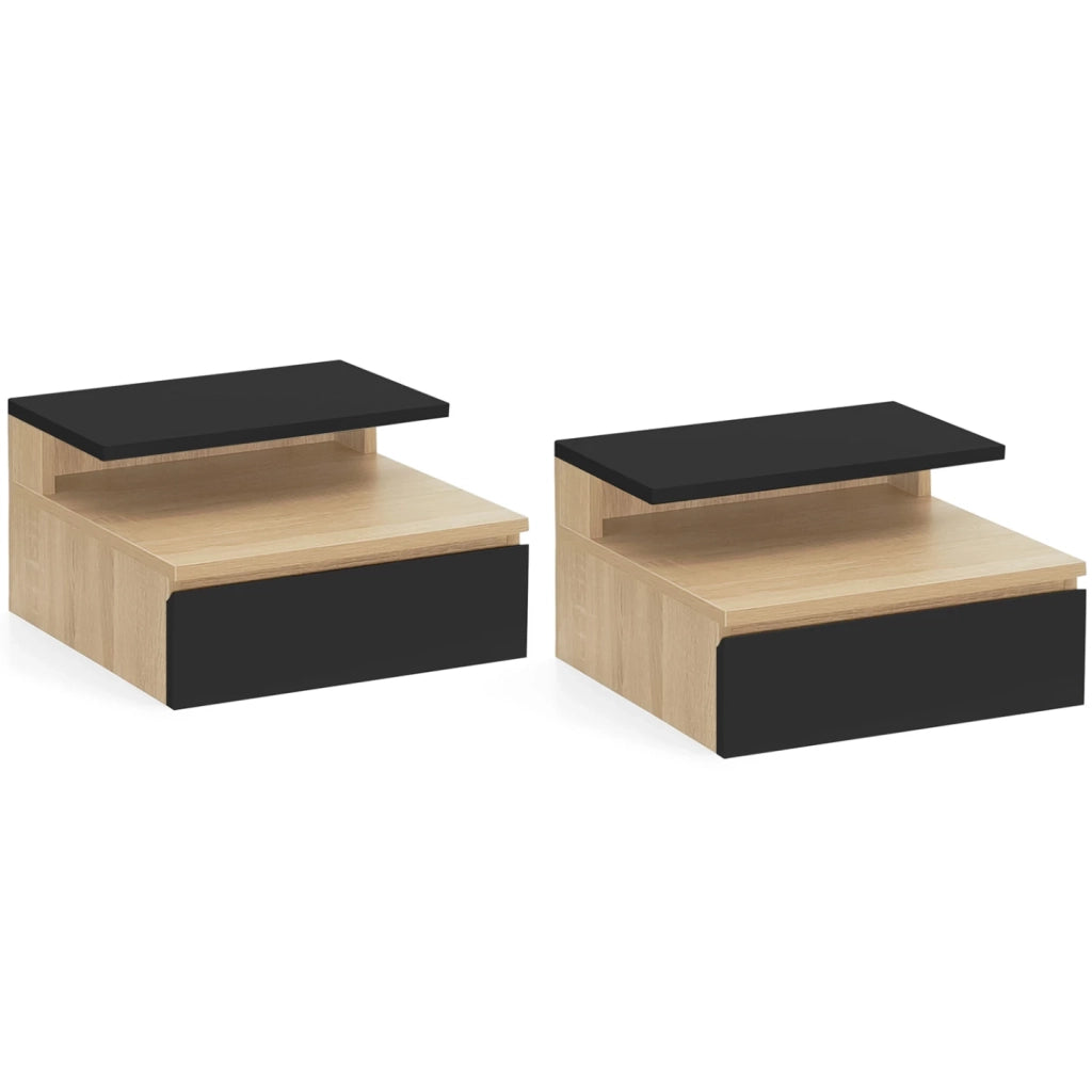 IDMarket - Set di 2 comodini a parete TOMI con mensole sospese + 1 mensola in legno effetto faggio e cassetto nero