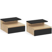 IDMarket - Set di 2 comodini a parete TOMI con mensole sospese + 1 mensola in legno effetto faggio e cassetto nero