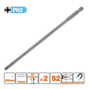 Trade Shop - Kit 2pezzi Di Bits Da 200mm Gambo 1/4" 6.35mm S2 Magnetica Croce Testa Ph2 57249 -