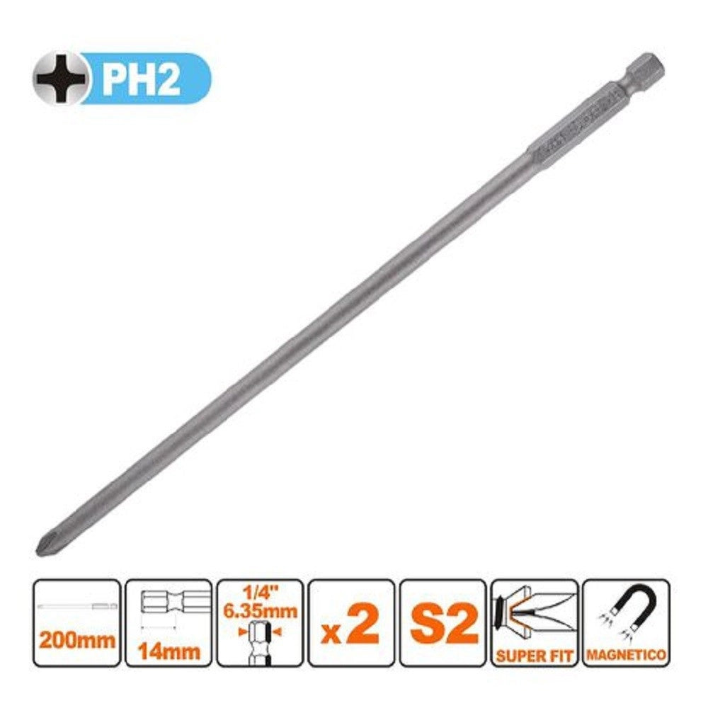 Trade Shop - Kit 2pezzi Di Bits Da 200mm Gambo 1/4" 6.35mm S2 Magnetica Croce Testa Ph2 57249 -