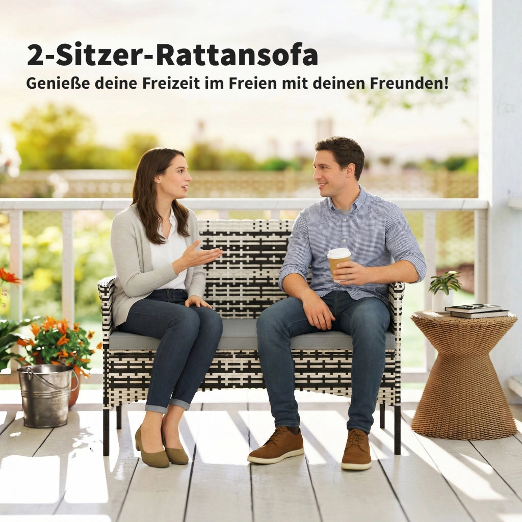 Divano da giardino in rattan in PE a 2 posti con cuscini; telaio in acciaio; grigio chiaro; impermeabile alle intemperie