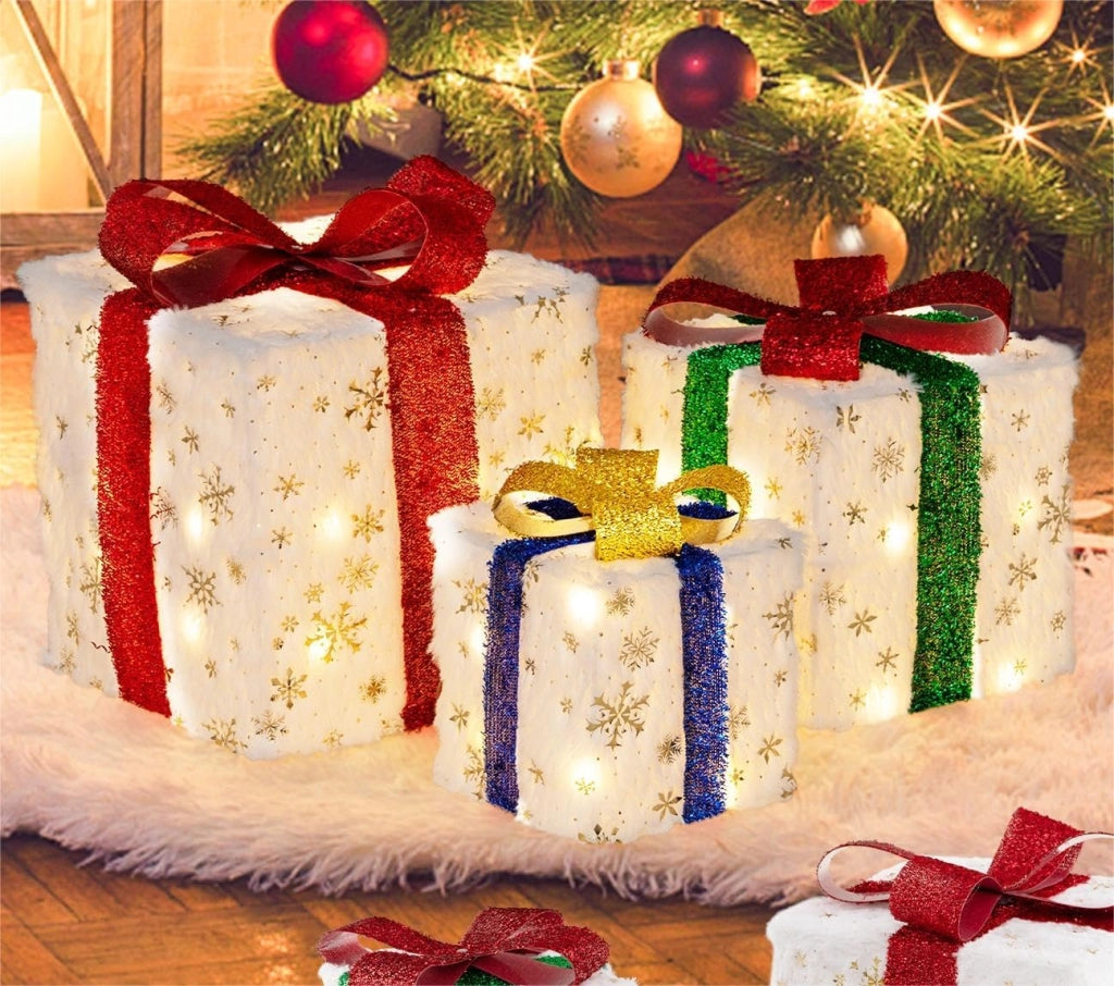 Set di 3 Scatole Regalo Illuminate per Natale, Decorazione Natalizia Pre-illuminata con 48 Luci Calde e Luminose, per Casa e Giardino (Bianco)