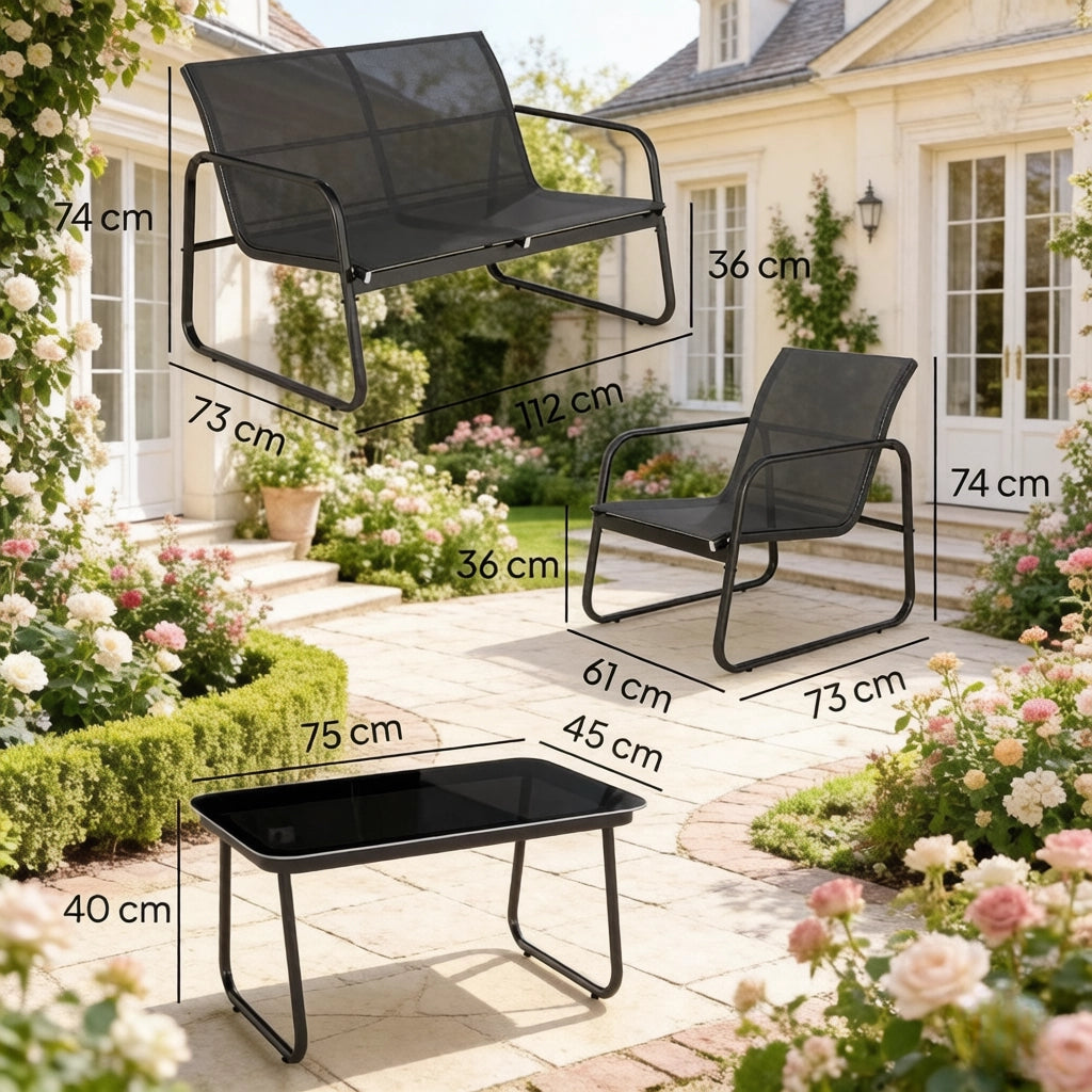 SALOTTO DA GIARDINO Set da 4 pezzi nero in acciaio e vetro temperato