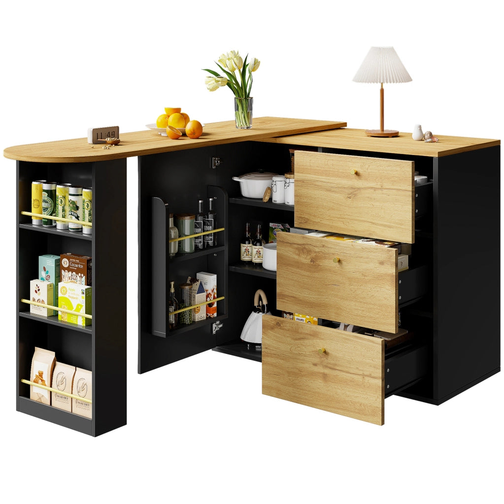 Tavolo bar 138-204x39x104 cm girevole e allungabile con ampio spazio contenitivo in MDF nero