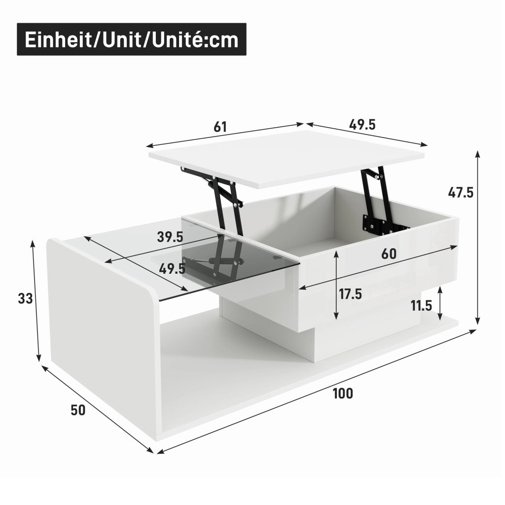 TAVOLINO DA SALOTTO ALZABILE 100x50x33/47,5 cm Bianco Lucido con piano in vetro