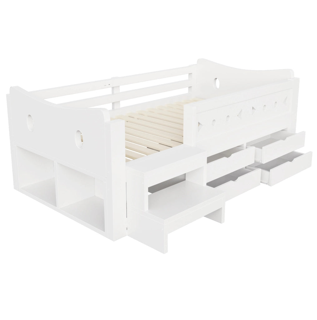 Lettino per bambini 90x200 cm in legno bianco con contenitore; LED e porte USB