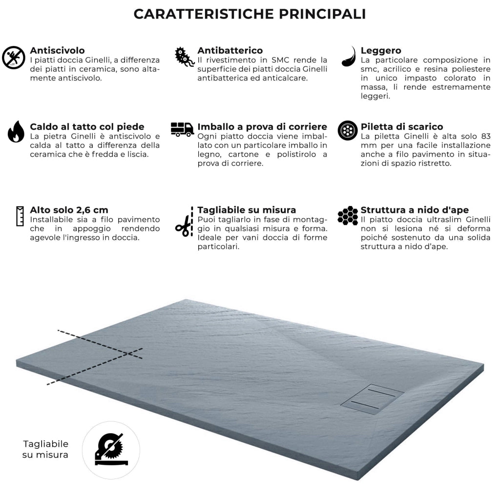 Piatto Doccia 80x140 cm Effetto Pietra Stone Grigio
