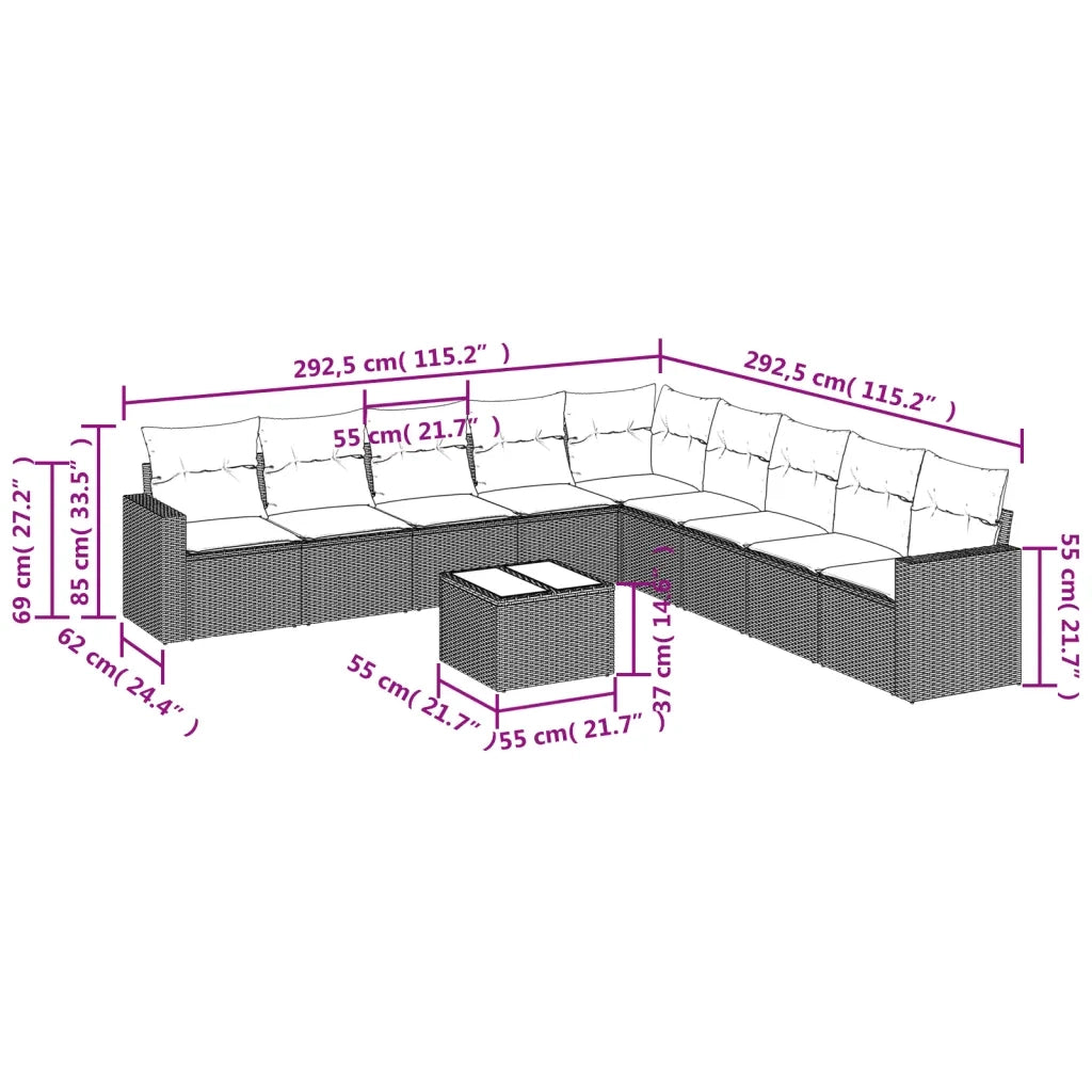 Set Divani da Giardino 10pz con Cuscini in Polyrattan Nero 3251432