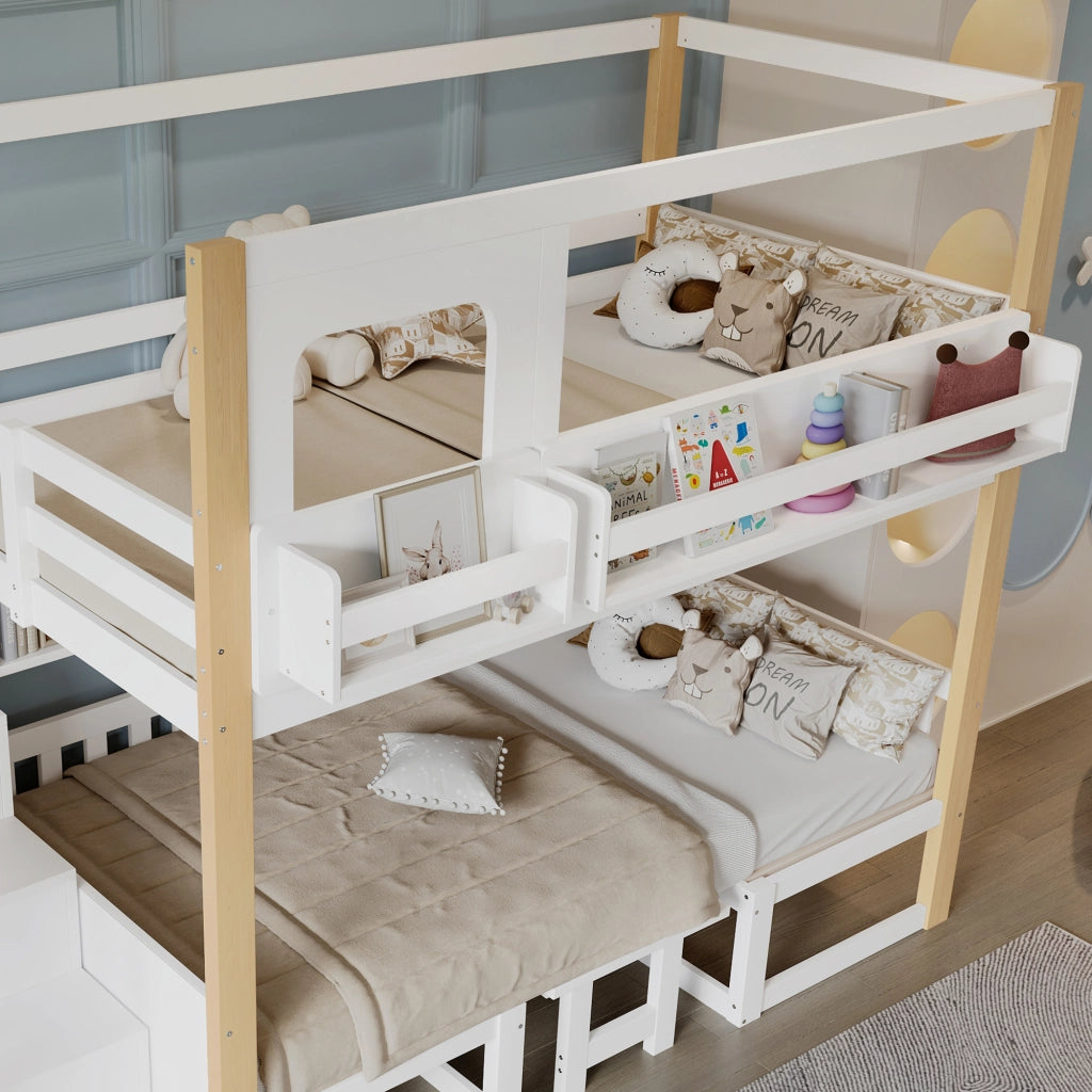 Letto a soppalco per bambini 90 × 200 cm con tavolo pieghevole, scala contenitore et sponde di sicurezza, senza materasso, bianco naturale