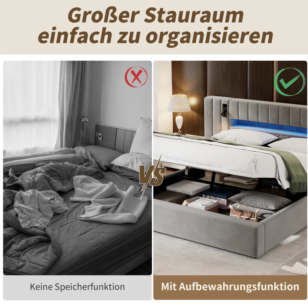 Letto imbottito 180x200 cm con USB; LED; contenitore; velluto grigio