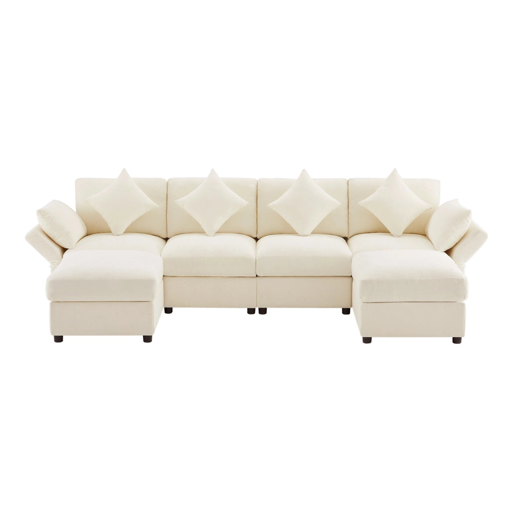 Divano modulare angolare a L in chenille beige 284x156;5x86 cm con 2 pouf e cuscini