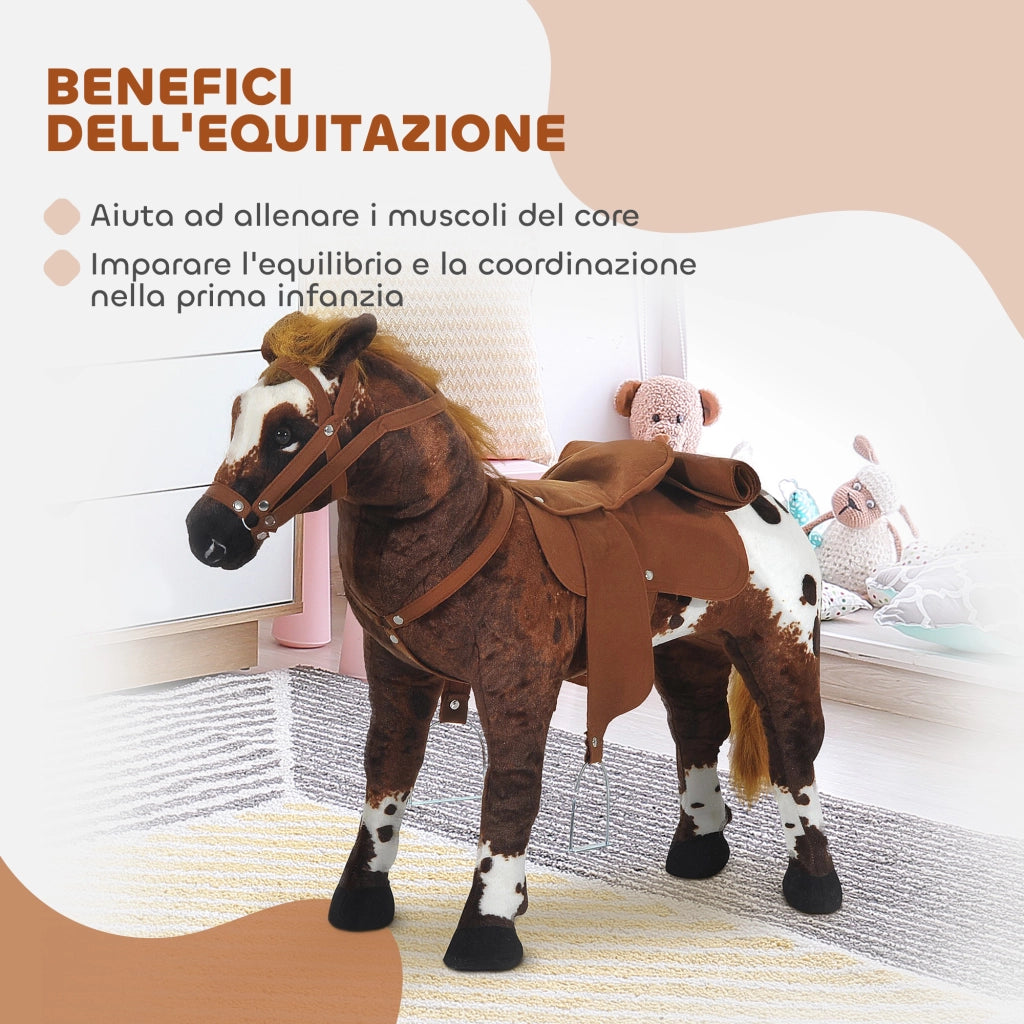 Cavallo a Dondolo per Bambini 2+ Anni con Nitrito. Sella e Staffe. in Peluche e Metallo. 85x28x60 cm. Marrone