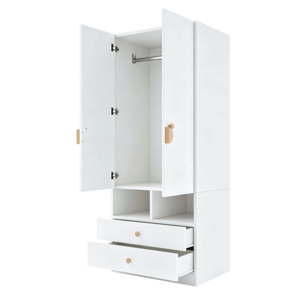 Scaffale a doppia porta con due cassetti e piccoli scomparti in MDF bianco per camera da letto 70 × 50 × 170 cm