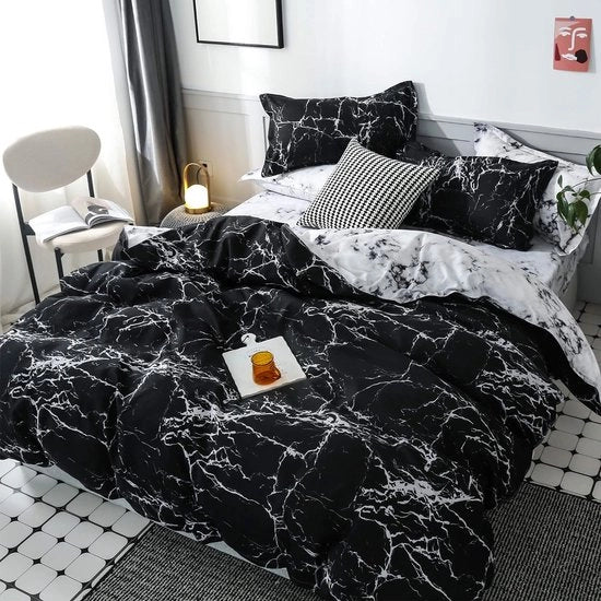 Set da letto in marmo, 220 x 240 cm + 2 cuscini in marmo, 80 x 80 cm, nero e bianco, set da letto per due persone, con chiusura a zip