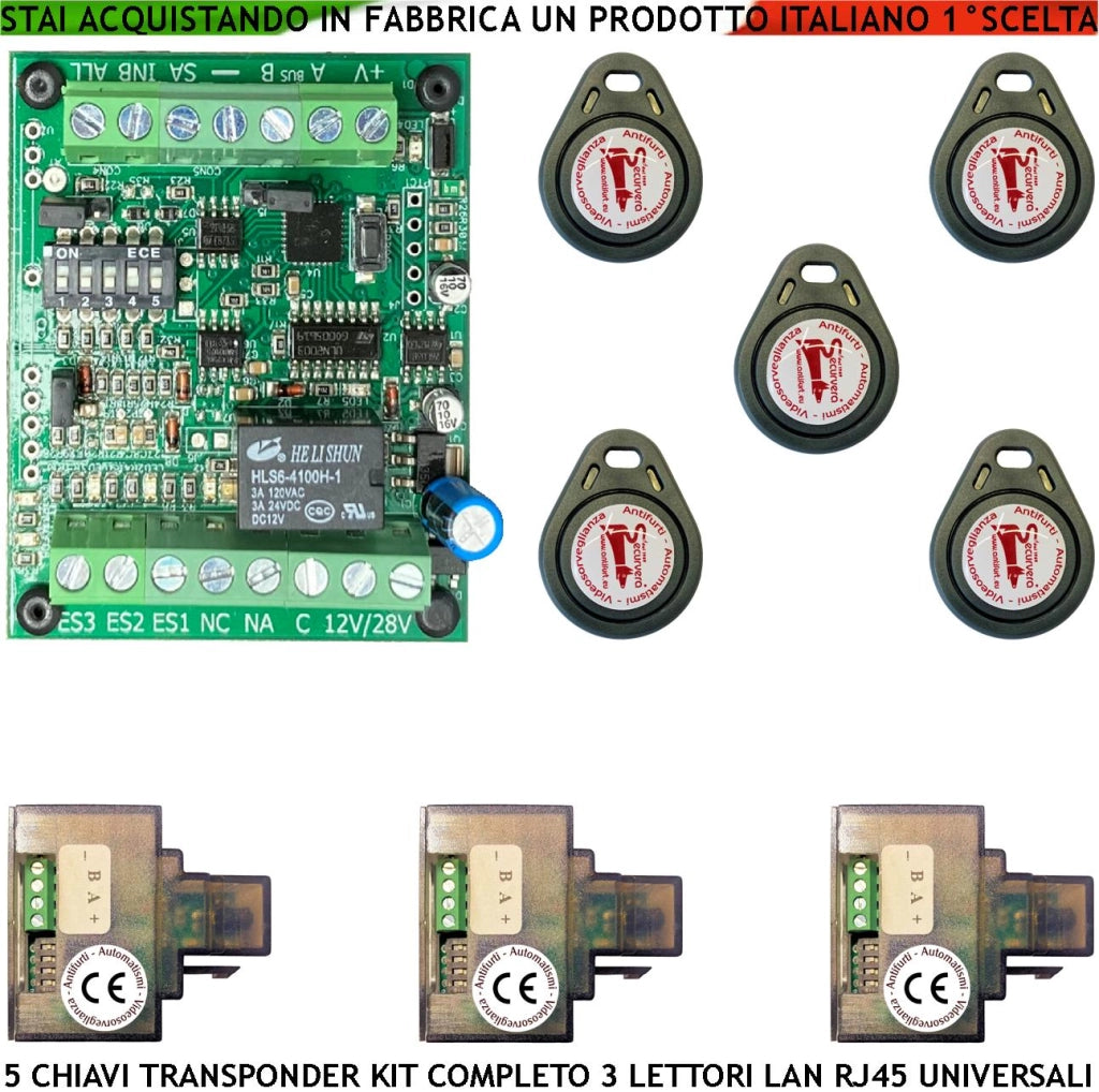 Chiave di Prossimità Tre Lettori su Modulo LAN Universale 501/503 RJ45 5 Chiavi TAG Trasponder Alimentazione 12/24 Vac Relè Scambio 2 A a 24 V Funzione Impulsiva o Stabile Segnale di Stato 4 Led GRVB