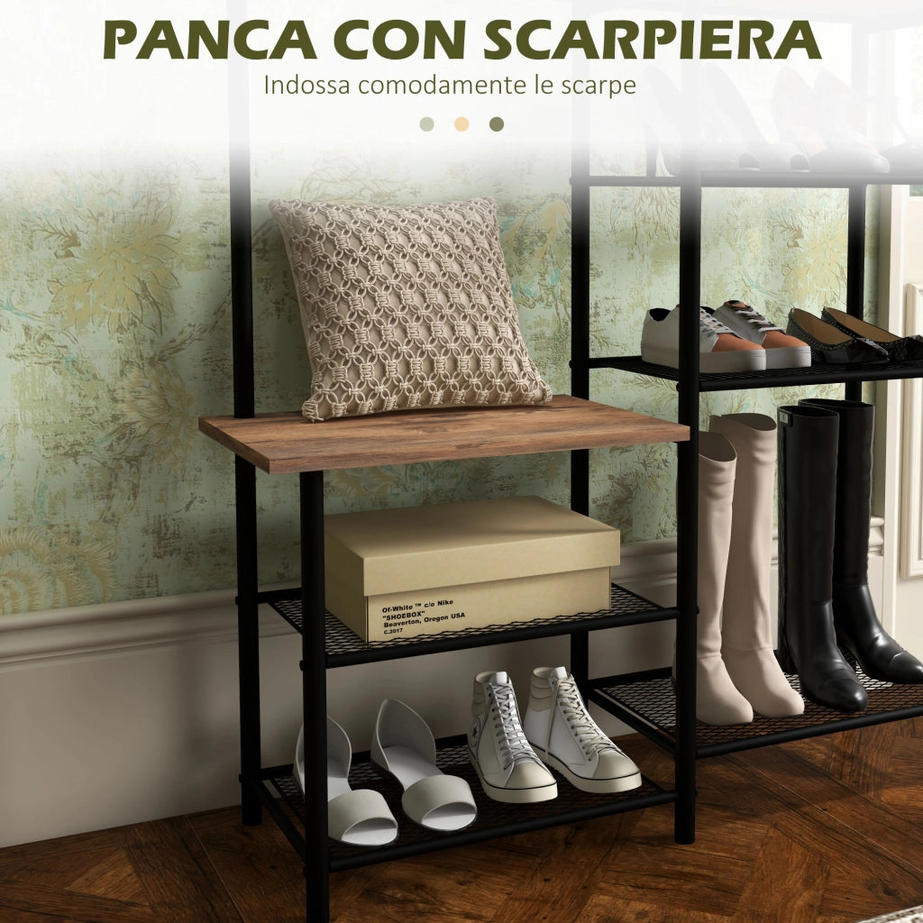 Easycomfort Appendiabiti da Terra a 6 Ganci in Truciolato e Acciaio con Mobile Scarpiera Portaoggetti, 92.5x28.2x182 cm