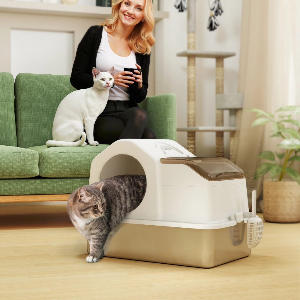 Arenero per Gatti Coperto con Bandeja in Acciaio Inossidabile ¨C Zephmum ¨C Bianco