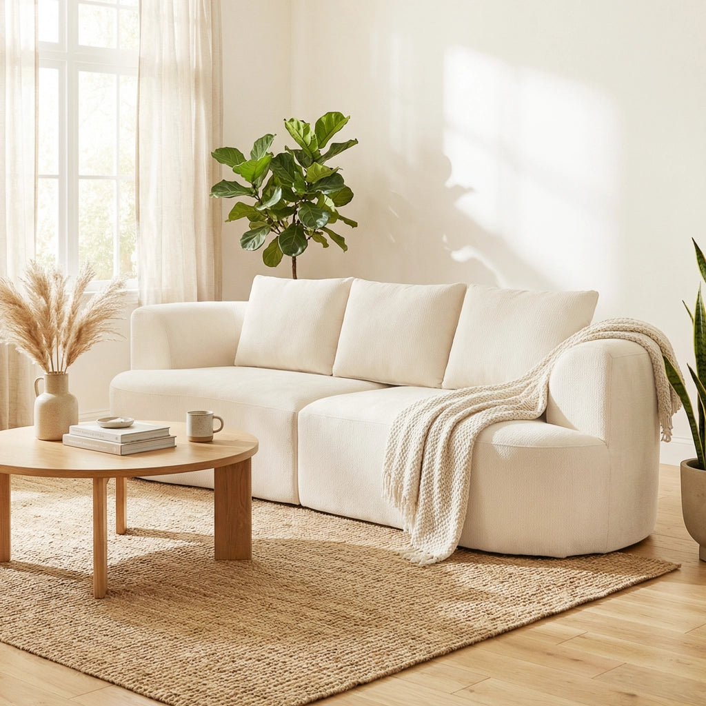 Divano 3 Posti in Ciniglia Crema con Cuscini ¨C Zephmum ¨C 260x106x82 cm