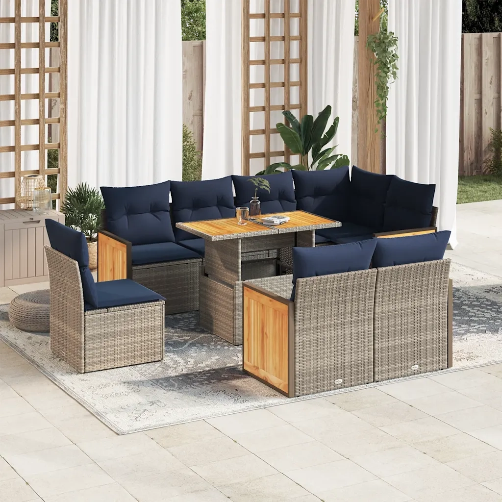 Set Divano da Giardino 9pz con Cuscini Grigio Polyrattan Acacia 3327729