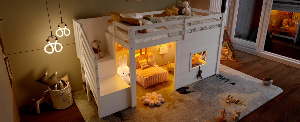 Letto a soppalco 90x200 cm con scala contenitore; finestra e LED in MDF; pino; compensato bianco