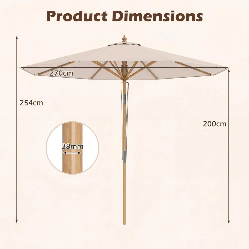 Ombrellone da Giardino Rotondo da 270 cm, Inclinazione e Altezza Regolabile, Ombrellone da Esterno con Struttura in Bambù, 8 Stecche, Anti UV, per Balcone, Terrazzo, Spiaggia