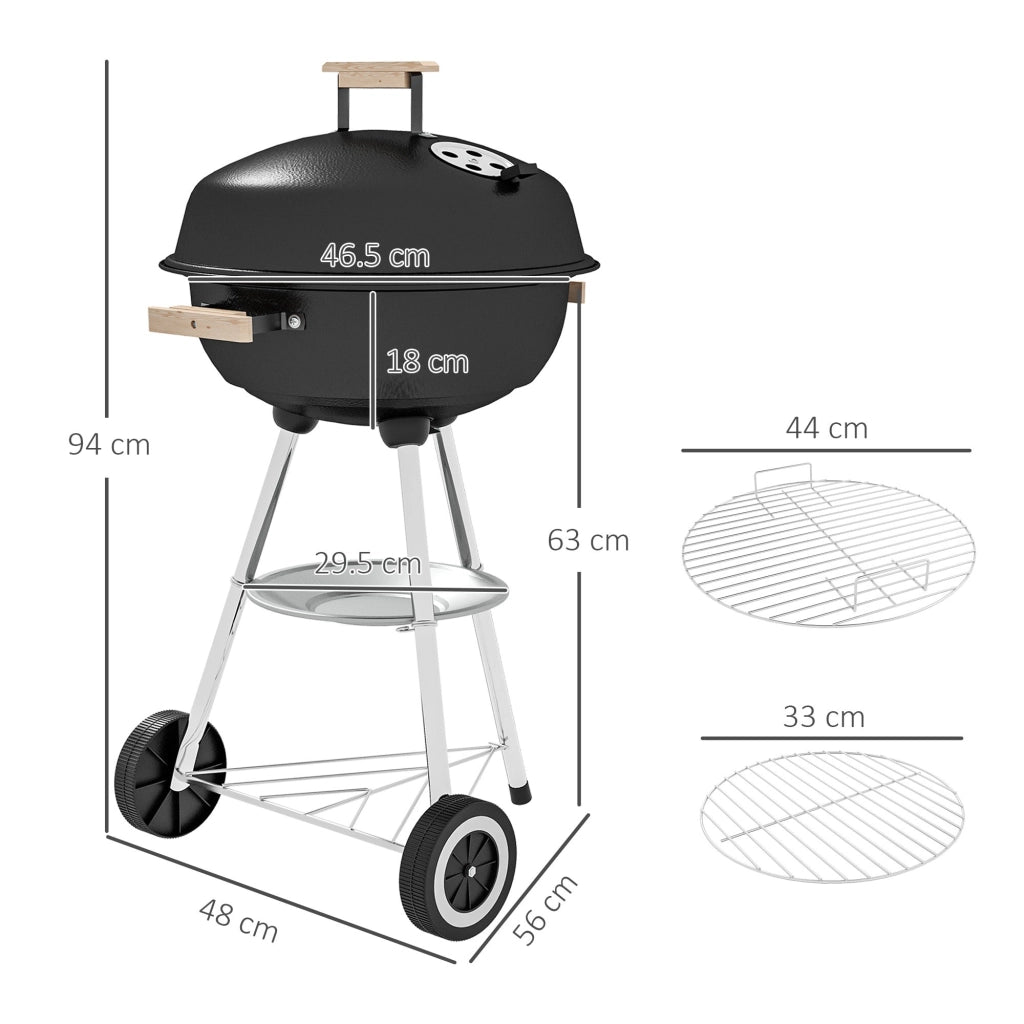 Barbecue a Carbonella con Griglia in Acciaio Coperchio e Prese d'Aria e Ruote Nero