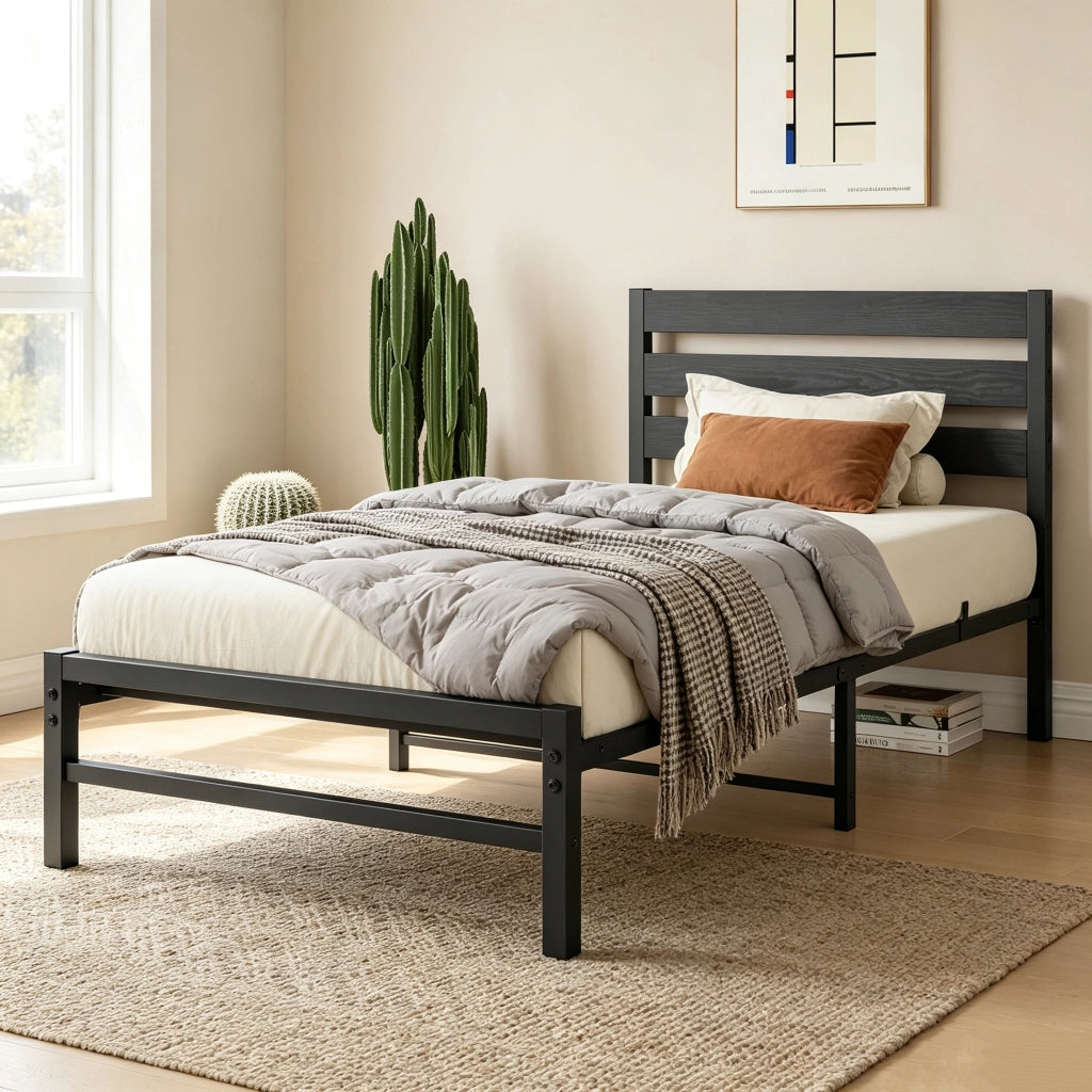 Letto singolo 90x200 cm in metallo e MDF con testiera a pannelli; nero