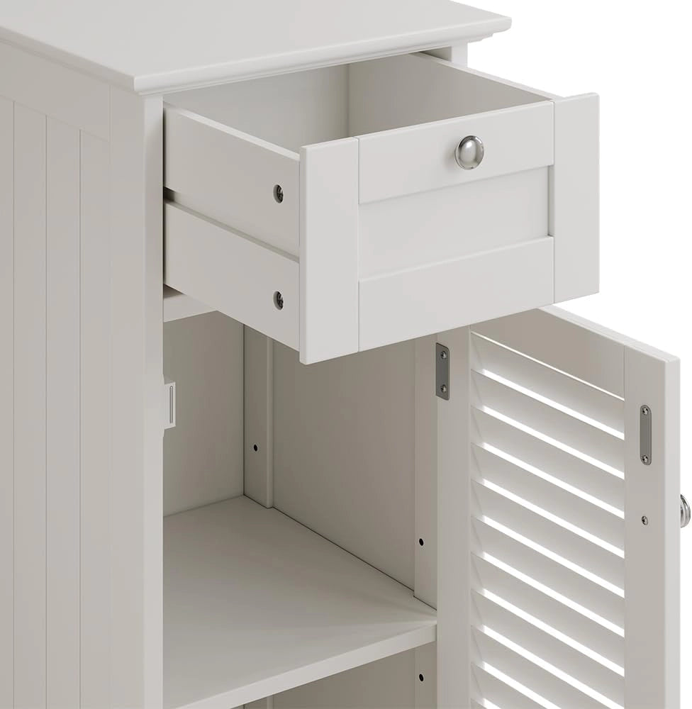 Mobiletto bagno Riad, Bianco, 32 x 87 cm con anta e cassetto, per montaggio a parete per riporre accessori da bagno