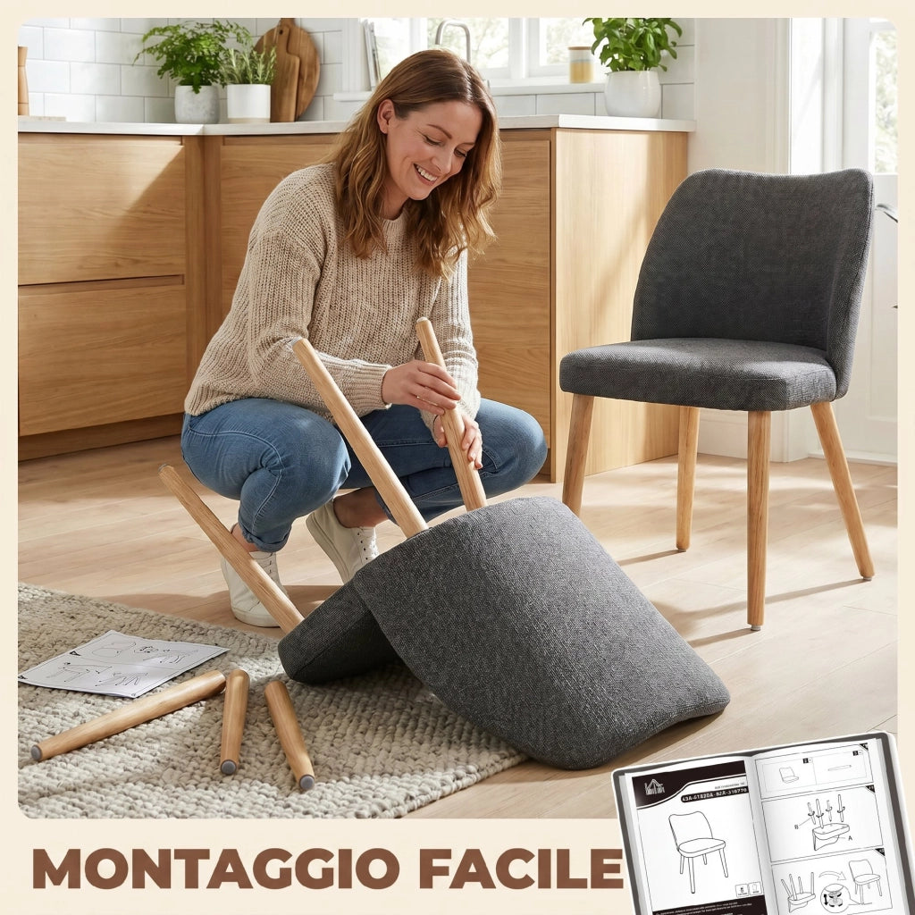 Set 2 Sedie Pranzo Imbottite 46x52x76 cm con Gambe Legno Hevea Tessuto Grigio Chiaro