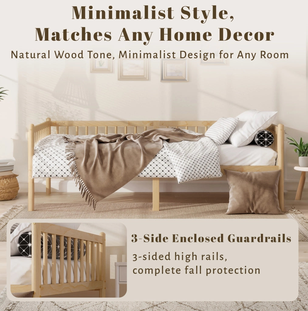 Divano letto 90 x 200 cm, letto singolo in pino, colore legno naturale