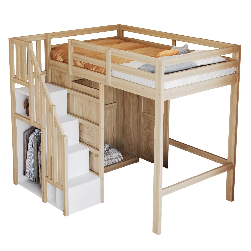 Letto a soppalco 90x200 cm in legno colore naturale con armadio e scala con spazio contenitivo