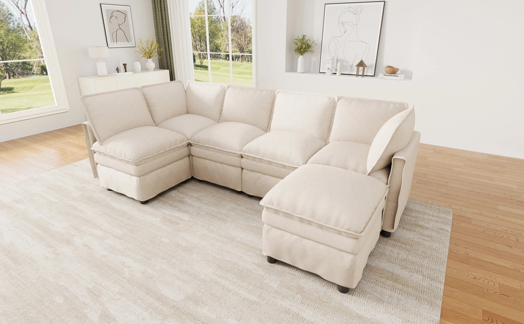 Divano modulare a U con funzione letto e pouf mobile in chenille beige con seduta doppia 6 posti 344 × 127 × 91 cm
