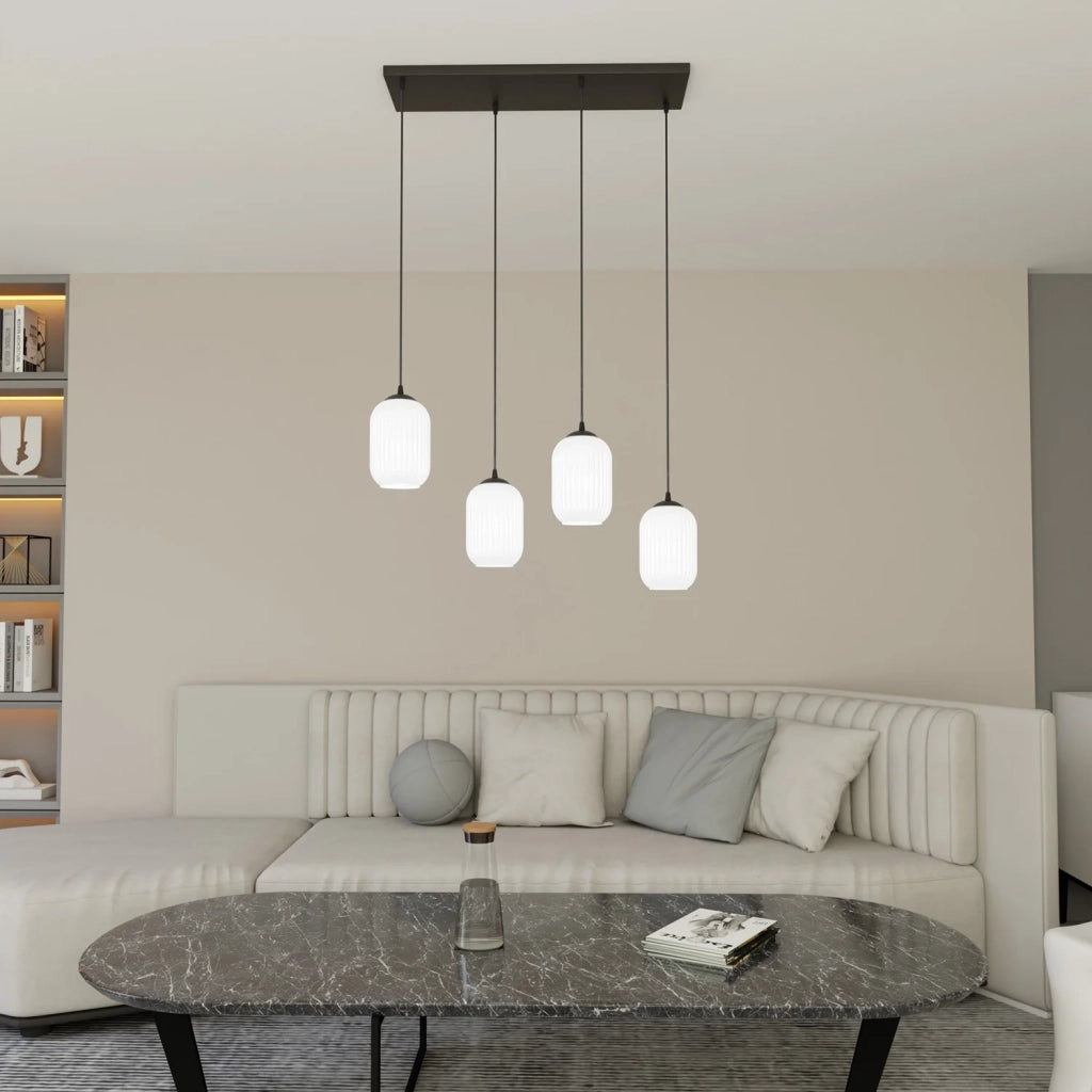 Lampadario 4 Luci Selene In Acciaio Nero E Vetri Plissettati Bianchi