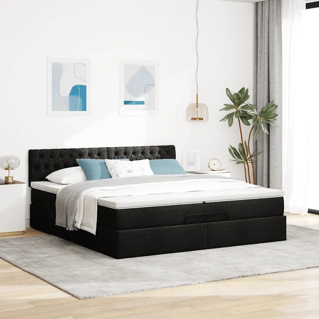 Struttura Letto Pouf con Materassi Nero 200x200 cm in Tessuto