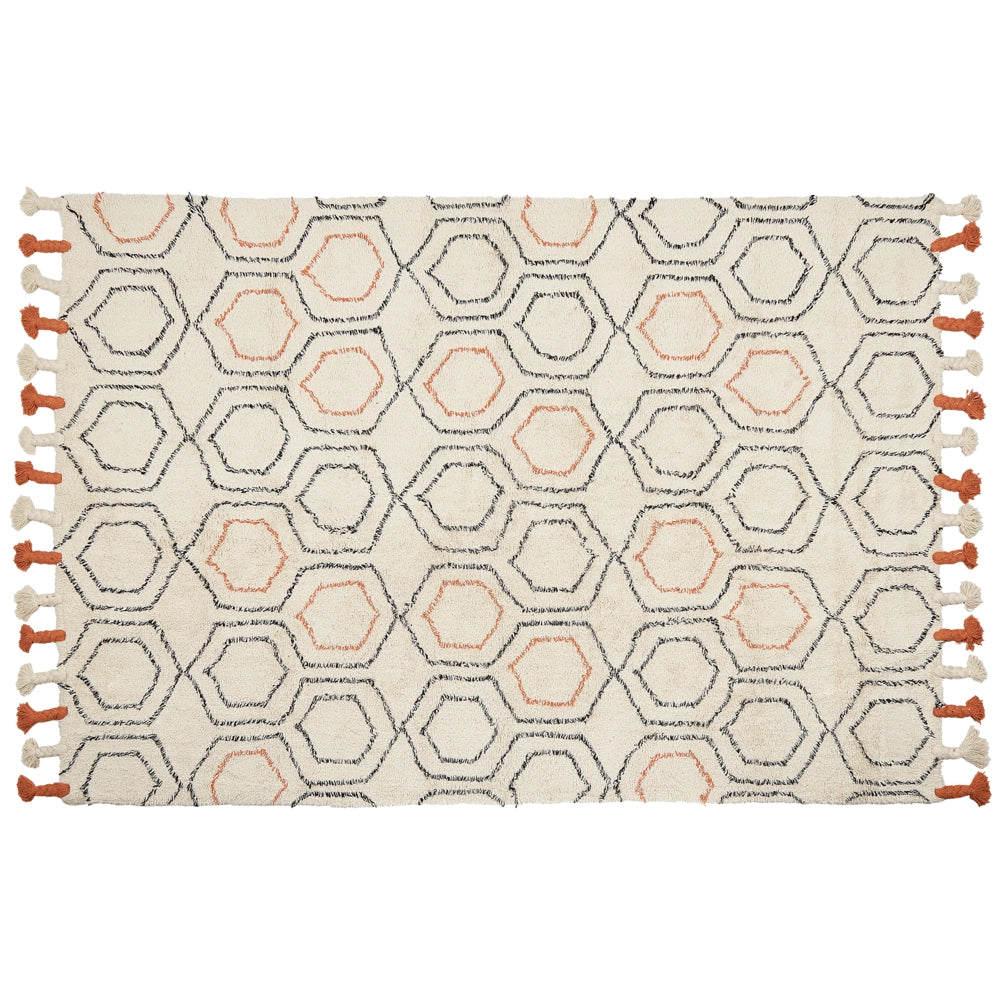 Tappeto in cotone beige e arancione 160 x 230 cm con frange e motivo geometrico camera da letto soggiorno stile boho