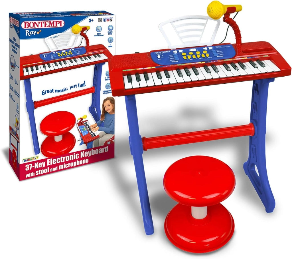 MiniKeyFun - Tastiera Giocattolo a 37 Tasti per Piccoli Musicisti con Microfono, Sgabello e Leggio, Blu e Rosso, 54,4x32