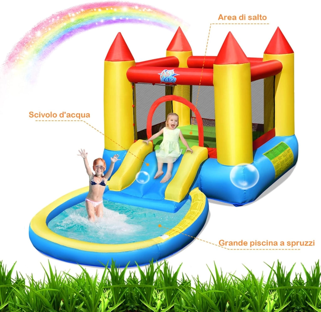 Castello gonfiabile per bambini, Con Scivolo ad Acqua, Trampolino e Piscina, per 2 Bambini di 3-5 Anni, Con Borsa di Trasporto e Kit di Riparazione, 365 x 200 x 190 cm (Senza soffiatore)