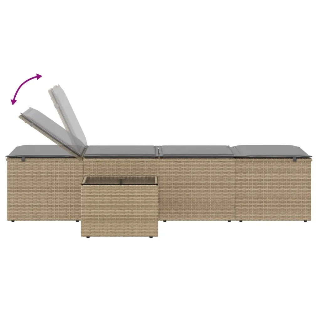 Lettini prendisole 2 pz con tavolo beige in polyrattan 368425