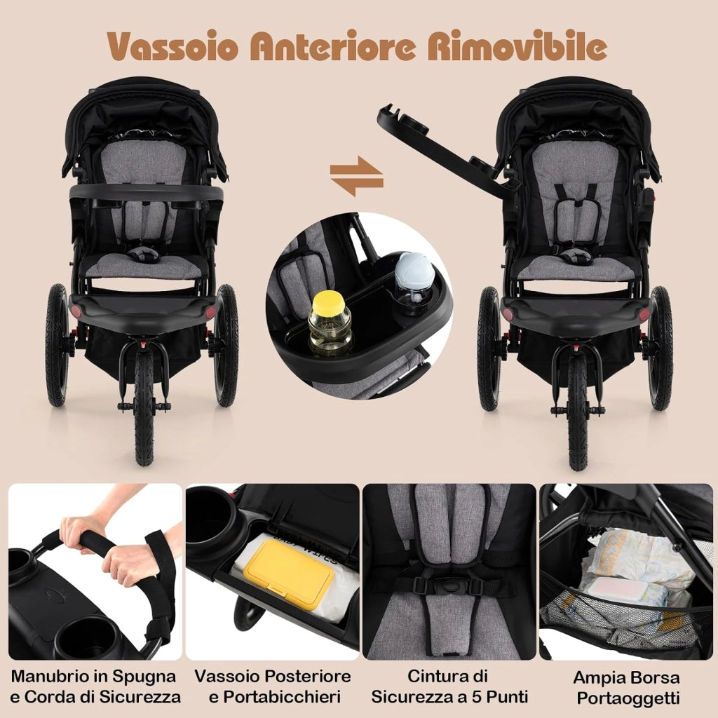Passeggino Leggero a 3 Ruote, Passeggino Pieghevole con Cappotta Estensibile, Schienale Reclinabile e Portabicchieri, Carrozzina da Jogging per Bambini 0-48 Mesi fina a 22 KG