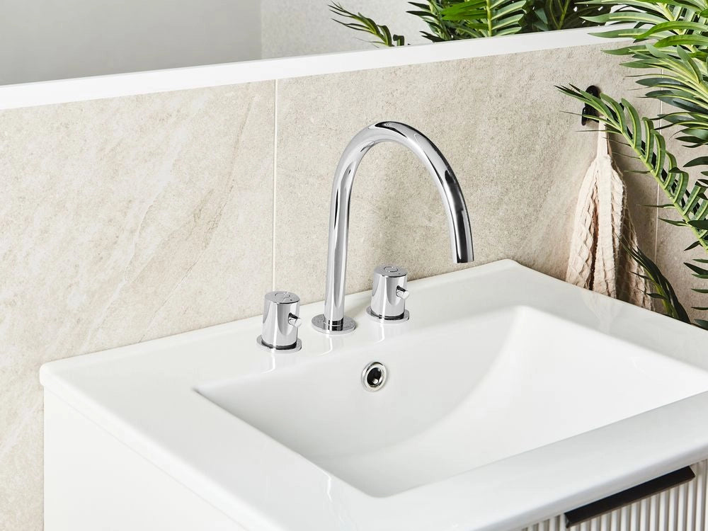 Rubinetto miscelatore per lavabo in ottone argentato a due maniglie con beccuccio curvo Accessori bagno Bagno