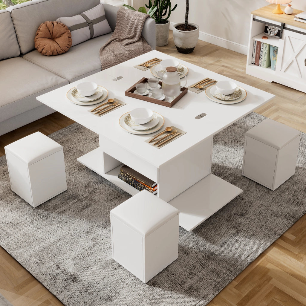 Tavolino da salotto 100x100x63.5 cm; piano regolabile con 4 sgabelli; truciolare bianco